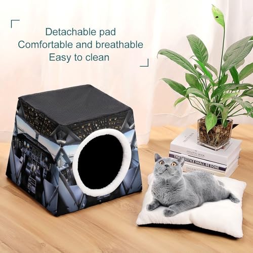 Airplane Cockpit Cat Bed for Indoor Cats - Foldable Cat & Dog House with Removable Cozy Cushion, Waterproof Oxford Washable Pet House for Small Pets 13.8" X 13.8" X 11.8"