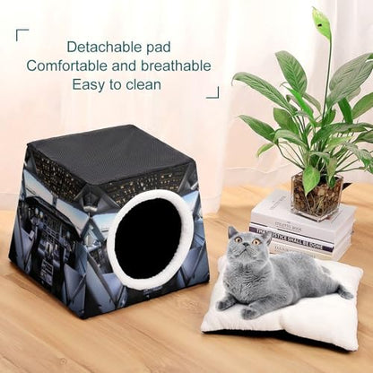 Airplane Cockpit Cat Bed for Indoor Cats - Foldable Cat & Dog House with Removable Cozy Cushion, Waterproof Oxford Washable Pet House for Small Pets 13.8" X 13.8" X 11.8"
