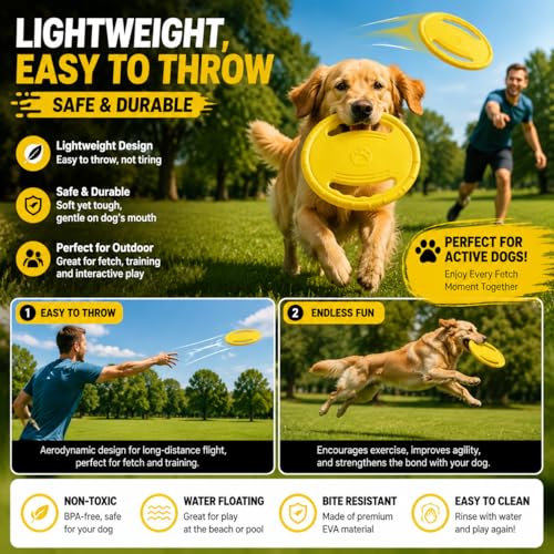 Dog Flying Disc, Durable Soft EVA Flying Ring for Aggressive Chewers, Interactive Fetch & Training Toy, Floats in Water, Safe on Teeth & Gums, Beach Pool Play (Yellow) - color: Yellow