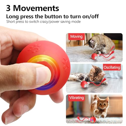 Interactive Cat Toy Ball with Red Tassel Tail, 3 Speed Modes Motion Activated Automatic Rolling Ball with Sound On/Off, USB Rechargeable Durable Toys for Cats & Kittens, Indoor Small Dogs - color: B -Red