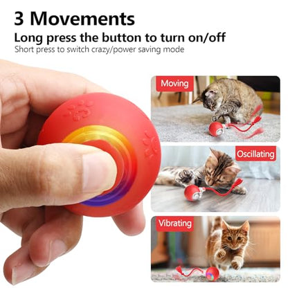 Interactive Cat Toy Ball with Red Tassel Tail, 3 Speed Modes Motion Activated Automatic Rolling Ball with Sound On/Off, USB Rechargeable Durable Toys for Cats & Kittens, Indoor Small Dogs - color: B -Red