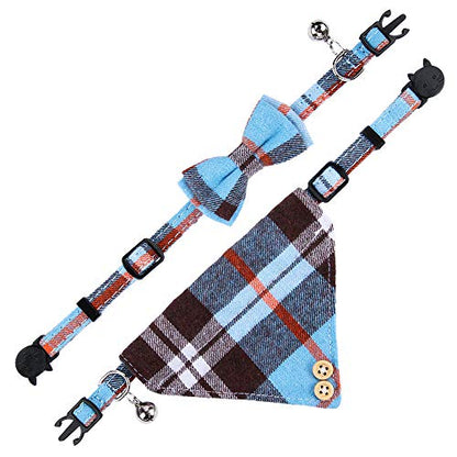 Faleela Breakaway Cat Collar with Bells - 2 Pack Cat Collar with Bells, Cat Collars with Bandana, Accessories for Pet Collars, Adjustable for Cats and Small Dogs - color: Blue bow+bandana