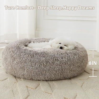 WNPETHOME Calming Dog Bed Cat Bed Donut, Faux Fur Pet Bed Self-Warming Donut Cuddler, Comfortable Round Plush Dog Beds (27 x 27 Inch, Light Coffee) - color: Light coffee, size: 27"L x 27"W x 10"Th