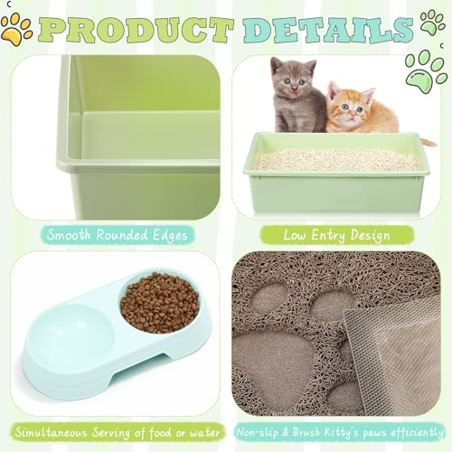 9 Pcs Kitten Litter Box Starter Kit, 2 Plastic Small Cat Litter Box with 2 Scooper, 2 Double Dish Feeding Bowl 2 Mouse Toy and Large Mat for Kitten Indoor