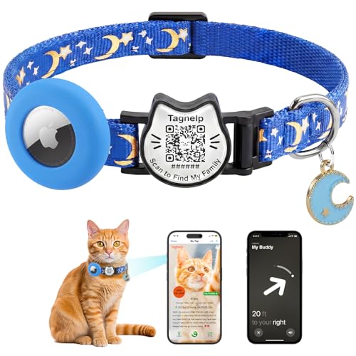 QR Code Cat Collar with Built-in AirTag Holder & Bell, Smart Pet ID with Online Profile, GPS Tracking Breakaway Collar for Cats & Puppies, Adjustable 7.5–12.5”, Blue - color: Blue, size: with Integrated AirTag Holder