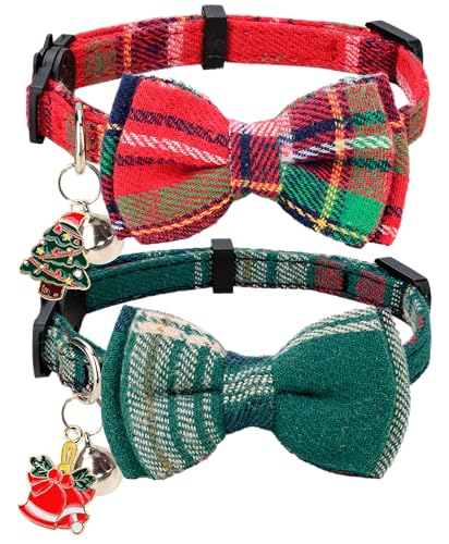 Cat Collar Breakaway Bowtie Safety with Bell Adjustbale Kitten Puppy Solid Plaid Color Set P-[2pcs] Xmas Plaid - color: P-[2pcs] Xmas Plaid