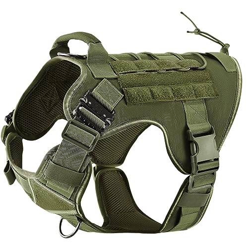 Tactical Dog Harness, 2X Metal Buckle, Military Reflective Dog Harness with Hidden Airtag Holder and Handle, Adjustable No-Pull Service Dog Vest with Molle & Loop Panels - color: Army Green, size: XL