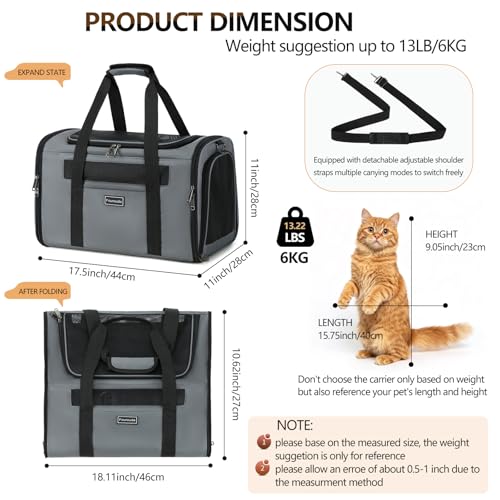 Cat Travel Carrier .Foldable Dog Carrier Bag, Soft Sided cat Carrier up to 20 Lbs,Pet Carrier Soft-Sided Escape Proof with 4 Ventilated Windows, Airline Approved Cat Carrier (Grey)