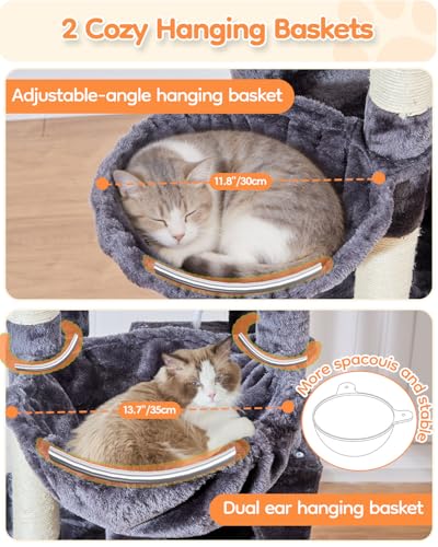 Taoqimiao Heavy Duty Cat Tree, 73in Cat Tower for Indoor Cats 25 lbs+, Extra Large Cat Tree, 2 Widen Condos, Enlarged Sleeping Platform, 9 Scratching Posts, 2 Cozy Baskets, Cat Toys, F30G Smoky Gray - color: Smoke Gray