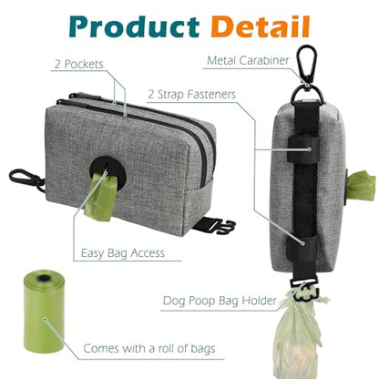 Dog Poop Bag Holder, Portable Pet Waste Bag Dispenser, 2 Pouches for Treats and Walking Accessories, Fit All Leashes, Includes 1 Roll of Dog Poop Bags (Grey) - color: Grey
