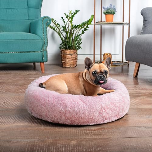PetAmi Calming Dog Bed for Small & Medium Dogs and Cats, 23 Round Donut Dog Bed, Washable Fluffy Faux Fur Puppy & Cat Bed, Anti-Anxiety Plush Cuddler Pet Bed with Anti-Slip Bottom - Pink - color: Pink, size: Small - 23"