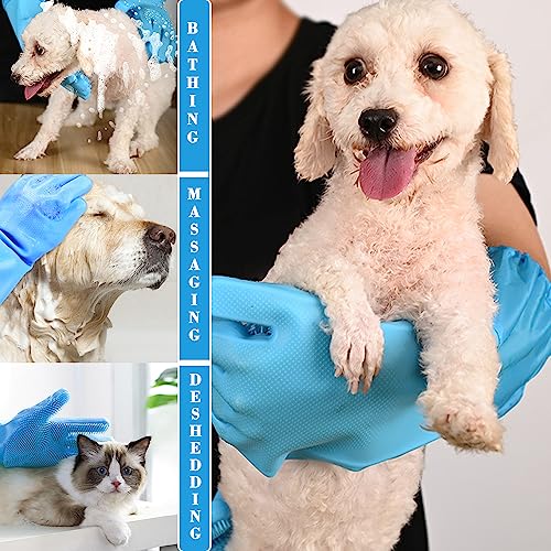 Pet Grooming Gloves Pet Hair Remover Cat, Dog Washing Gloves Silicone Heat Resistant Cleaning Gloves with High-Density Teeth Grooming Gloves for Dogs, Cats, Horses, Rabbits (1 Pair - Blue) - color: 1 Pair - Blue