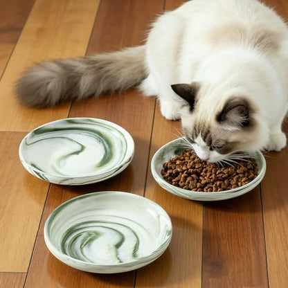 3 PCS Ceramic Cat Bowls, 5.5 in Pet Bowl Cat Dishes for Food and Water, Small Dog Dish(Marble Green) - color: Marble Green