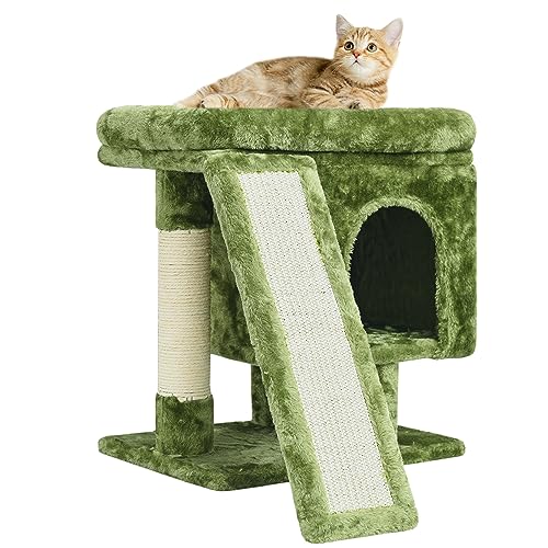 YANDLVY Small Cat Tower for Cats, Cute Cat Tree for Indoor Cats, Kittens Condo with Scratching Post and Board, Cat Cave, Modern Cat Activity House with Plush Perch (Green) - color: Green