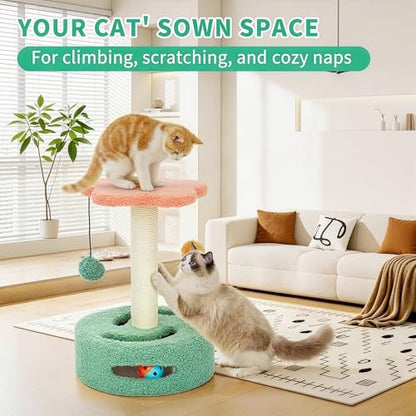 Small Cat Scratching Post 13.98" Cat Tree for Indoor Cats — Sisal Scratcher with Hanging Ball & Track Toy — Keeps Cats Happy, Helps Protect Your Furniture — Easy to Assemble