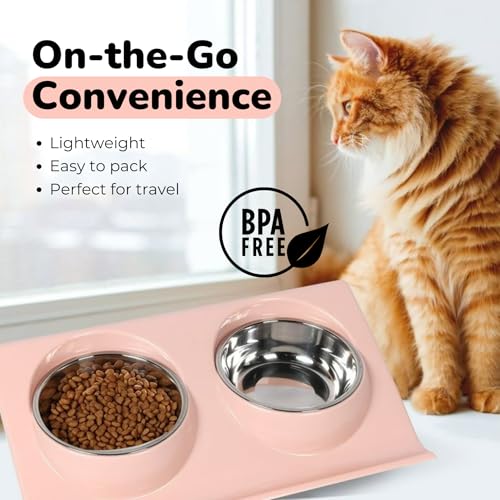 Double Dog Food Bowls Stainless Steel - Puppy Food and Water Bowl Set with Weighted Non-Slip Base - Non-Skid Design - Dog Bowl Set for Puppy Cats Kitten Small Medium Dogs - Pink - color: Pink