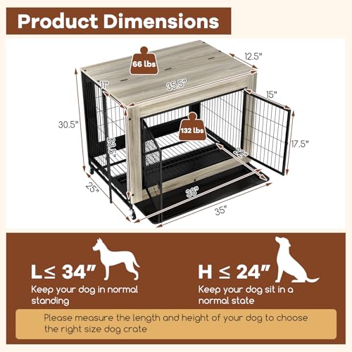 PETSITE Portable Dog Crate Furniture, 38 Inch Wooden Dog Kennel Side Table with Flip-up Top, 3 Lockable Doors and Removable Tray, Ideal for Small to Medium Dogs (Grey) - color: Grey