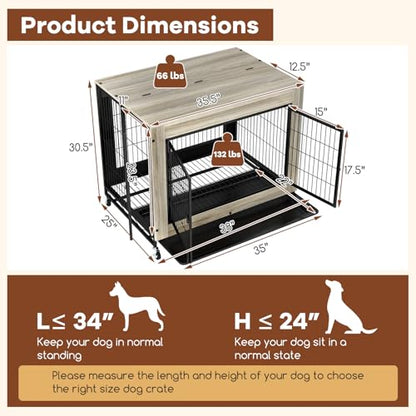 PETSITE Portable Dog Crate Furniture, 38 Inch Wooden Dog Kennel Side Table with Flip-up Top, 3 Lockable Doors and Removable Tray, Ideal for Small to Medium Dogs (Grey) - color: Grey