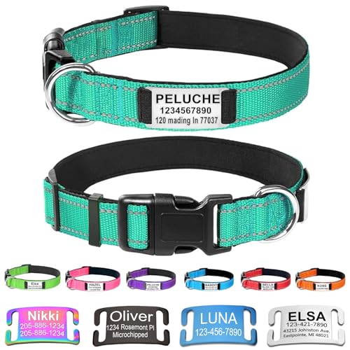 Custom Dog Collars with Name Plate, Engraved Name Plate ID Tags with Reflective Nylon Dog Collar,Soft Neoprene Padded Adjustable Pet Collar for Small Medium Large Dogs,XS Teal - color: Teal, size: XS(9-12") x 5/8"