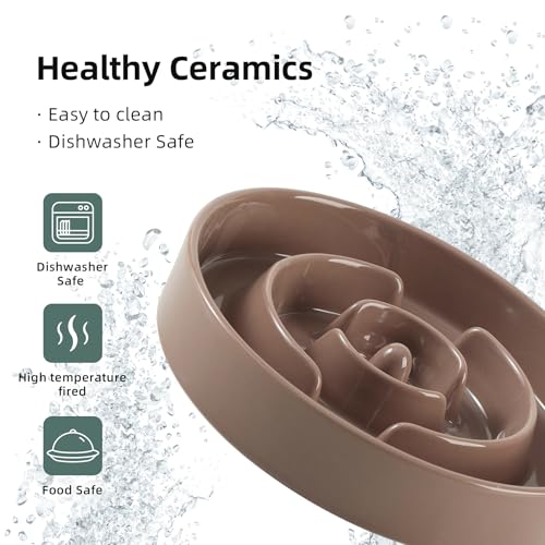 Havniva 7.3” Raised Slow Feeder Dog Bowls Set, 1.2 Cups Ceramic Slow Feeder Dog Bowl and 6.1” Dog Water Bowl with Elevated Wooden Stand Puzzle Dog Food Bowl for Small Dogs Anti-Gulping & Anti-Choking - color: 2 x Brown Coffee+Stand-A, size: 7.3inch