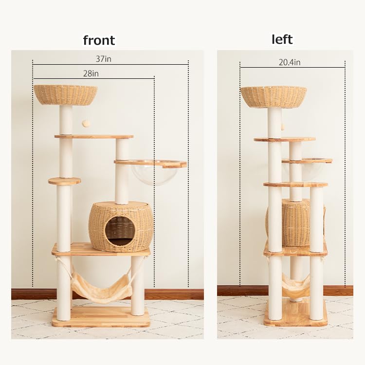 Wood Cat Tree for Large Cat, 57-Inch Tall Cat Tower with Scratching Post for Indoor Cats, Multi-Level Cat Condo with Hand-Woven Cat Bed and Hammock Acrylic Bowl Easy to Clean (DC888) - color: Nature DC888
