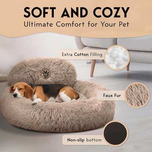 PetJett Calming Medium Dog Bed - 30'' Round Dog Beds - Washable Dog Bed - Anti-Slip Super Soft Fluffy Plush Donut Bed, Anti-Anxiety Premium Comfort Pet Bed, Fits Dogs up to 45 lbs - Beige - color: Beige, size: Medium - 30”L x 30”W x 8”Th
