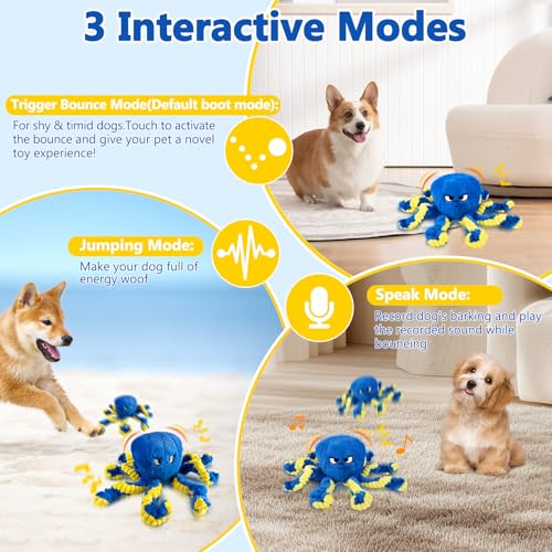 Interactive Dog Toys Octopus, Moving Dog Toy to Keep Them Busy, Durable Automatic Jumping Dog Toy Bouncing Dogs Toy Squeaky Moving Tug of War Doggie Toy for Small Medium Large Dogs (Blue)