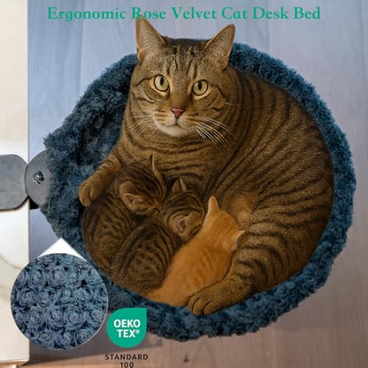 Round Cat Bed for Desk, Sturdy Elevated Pet Hammock for Small Cats, All-Season Breathable Workspace Cat Seat, Space-Saving Desk Mounted Hanging Cat Hammock, Washable Cushion, Grey - color: Rose Velvet-Slate Gray