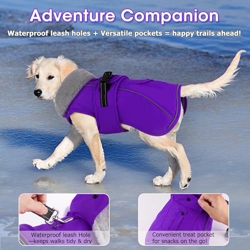 Dog Coat with Pocket, Waterproof Dog Jacket with Adjustable Buckle, Reflective Puppy Winter Coat Warm Turtleneck Fleece SnowJacket for Small Medium Large Dogs - Purple 3XL - color: Purple, size: XXX-Large(Chest:34.6"-45.3", Back:28.0")