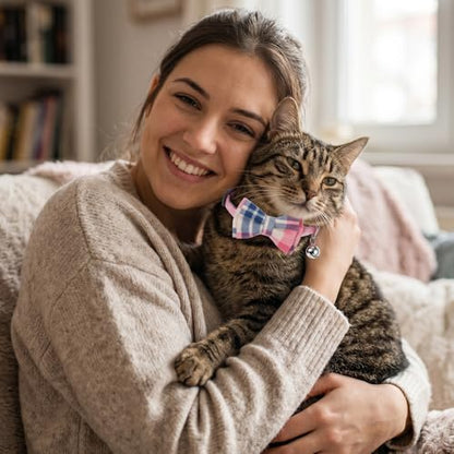 3pcs Bow Tie Cat Collar with Bells, Breakaway Bowtie Plaid Cat Collar, Soft Adjustable Bow Cats Collars for Kitten Puppy and Small Pets - color: pink