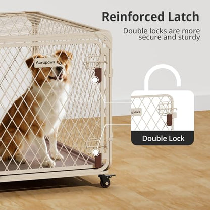 36 Inch Dog Crate with Lockable Wheel, Diamond Mesh Metal Dog Kennel Cage with Double Secure Latch & Leak-Proof Tray, Escape-Proof Dog Crates for Medium Dogs Breeds, Dogs up to 100 lbs - size: 36.9"L x 23.4"W x 23.7"H