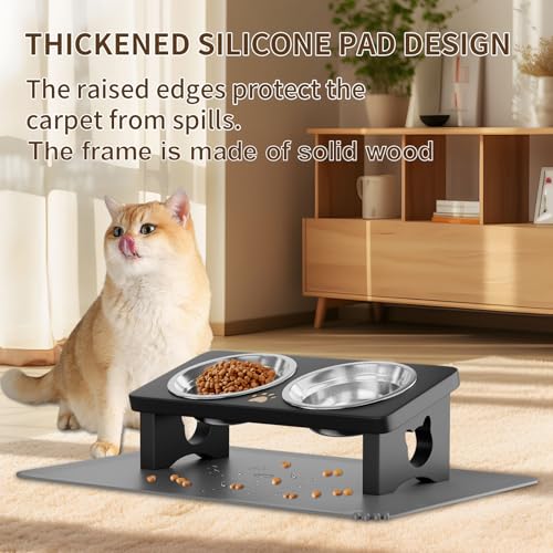 Elevated Cat Bowls with Silicone Mat, 15° Tilted Solid Wood Stand, Raised Stainless Steel Food & Water Dishes for Cats and Small Dogs, Anti-Vomiting Design(Black) - color: Black