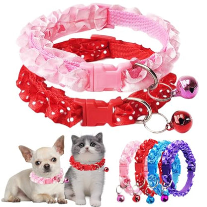 XS Dog Collar with Bells, Puppy Collar Girl Dog Bell Collar Lace Adjustable for XXS Xs Small Pet Dogs Cats Animal Litter TinyKitten Female, XSmall, Pink+Red - color: Pink Red, size: Neck 7.5-12.6"