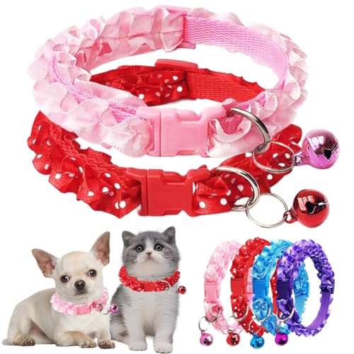 XS Dog Collar with Bells, Puppy Collar Girl Dog Bell Collar Lace Adjustable for XXS Xs Small Pet Dogs Cats Animal Litter TinyKitten Female, XSmall, Pink+Red - color: Pink Red, size: Neck 7.5-12.6"