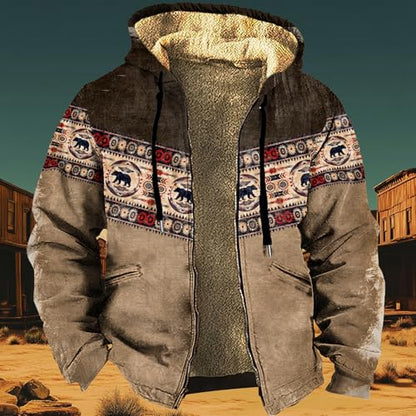 domirica Fleece Jacket Men Western Cowboy Bull Graphic Full Zip Drawstring Casual Stylish Big And Tall Hooded Jacket - color: Western-charlie, size: Medium