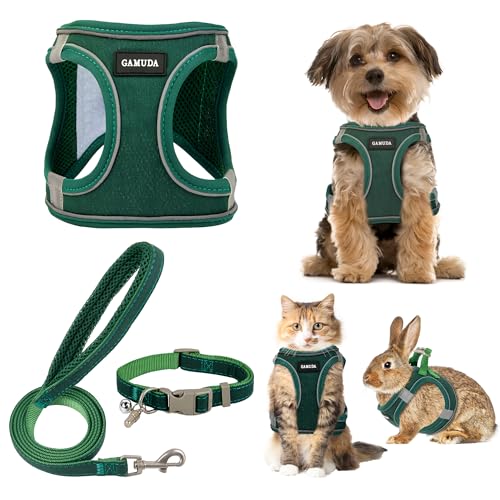 Small Pet Harness Collar and Leash Set, Step in No Chock No Pull Linen Fabric Soft Mesh Dog Vest Harnesses Reflective for Dogs Puppy Cats Kitten Rabbit (Green, L) - color: Green, size: Large