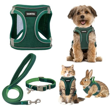 Small Pet Harness Collar and Leash Set, Step in No Chock No Pull Linen Fabric Soft Mesh Dog Vest Harnesses Reflective for Dogs Puppy Cats Kitten Rabbit (Green, L) - color: Green, size: Large