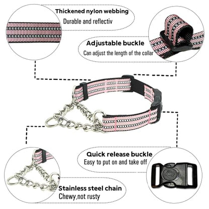 Martingale Dog Collars, Reflective Nylon Collar with Stainless Steel Chain, Adjustable Walking Training Dog Collars with Quick Release Buckle, Suitable for Small Medium Large Dogs(Pink,XL) - color: Pink, size: Extra Large-(dog's neck 20~25.5inches)