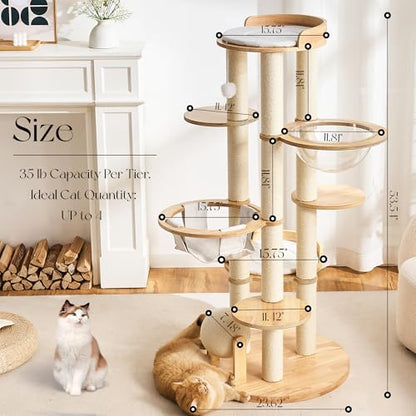 797Audio Modern Solid Wood Cat Tree Tower, 54" Tall Cat Tree with Scratching Posts, Capsule&Hammock, Luxury Natural Oak Wood Cat Tower, Aesthetic Multi-Level Cat Climbing Tree for Large Indoor Cats - color: 54 Inch-Scratch Ball