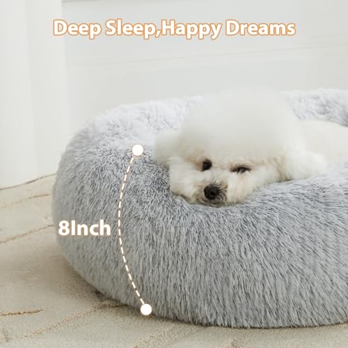 WNPETHOME Calming Dog Bed Cat Bed Donut, Faux Fur Pet Bed Self-Warming Donut Cuddler, Comfortable Round Plush Dog Beds(20 x 20 x 8 Inch, Light Grey) - color: light grey, size: 20"L x 20"W x 8"Th