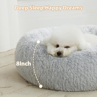 WNPETHOME Calming Dog Bed Cat Bed Donut, Faux Fur Pet Bed Self-Warming Donut Cuddler, Comfortable Round Plush Dog Beds (24 x 24 Inch, Light Grey) - color: light grey, size: 24"L x 24"W x 8"Th