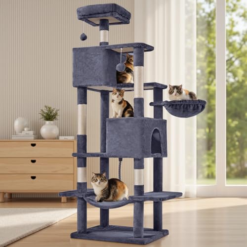 Large Cat Tree 66 Inch, Multi-Level Tall Cat Tree Tower with Condo, Perches, Sisal Scratching Posts and Hammock, Pet Play House with Dangling Balls for Indoor Cats, Dark Grey - color: Dark Grey, size: 66IN