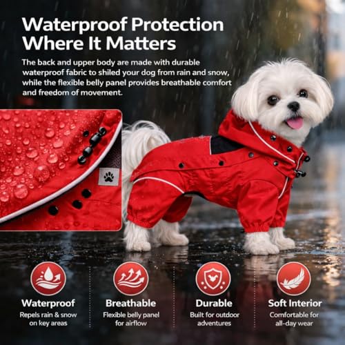 LOVELONGLONG Waterproof Dog Raincoat with Removable Hood – Outdoor Full Body Dog Jacket, Windproof Snowproof Shell Suit – All Season Pet Rain Gear Red XXS - color: Red, size: XXS (Back 9")