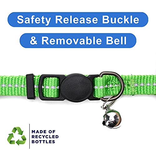 Pawtitas Recycled Green Reflective Cat Collar – Eco-Friendly Breakaway Safety Buckle, Adjustable Kitten & Adult Collar with Removable Bell and High-Visibility Strap - color: Recycled Green