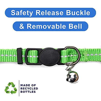 Pawtitas Recycled Green Reflective Cat Collar – Eco-Friendly Breakaway Safety Buckle, Adjustable Kitten & Adult Collar with Removable Bell and High-Visibility Strap - color: Recycled Green