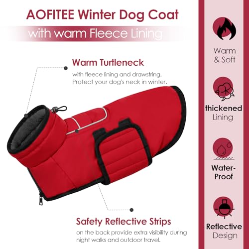 AOFITEE Winter Coat, Waterproof Jacket With Harness Hole, Warm Fleece Puffer Jacket, Reflective Windproof Snowsuit for Small Medium Large Dogs, Dachshund, French Bulldog, L - color: Red, size: Large