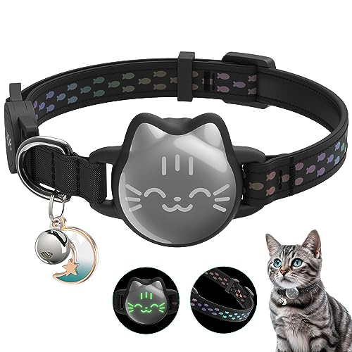 Waterproof Airtag 2nd & 1st Cat Collar, Breakaway Cat Airtag Collar with Luminous & Reflective Fish Pattern, Lightweight Kitten Collars for Apple Air tag, Hidden GPS Tracker Holder for Cats, Kittens - color: Classic Black