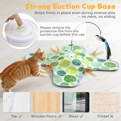 Interactive Cat Toys with Bird, Hide and Seek Cat Toy, 2 in 1 Automatic Moving Concealed Feathers for Indoor Cats, Non-Slip Suction, Touch Activated, USB Rechargeable, Green - color: Green-with Bird