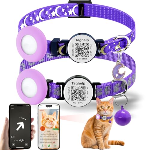 4-in-1 Safety Cat Collar: Glow in The Dark, Reflective, QR Code ID & Airtag Holder | Breakaway Collar with Bell & Moon Star Pendant, 2PCS Adjustable Safe Kitten Collars (Purple) - color: Star Moon & Paw pattern - Purple, size: Collar with Integrated AirTa