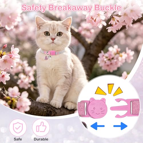 Rhinestone Cat Collar Breakaway with Bell, Diamond Cat Collar with Safety Buckle Quick Release for Girl Boy Kitten Pets Puppy,Cute Soft Female Male Cat Collars,Valentine's Day Pink 8-12" - color: Pink (1 Pack), size: 8"-12" Cats / Mini Dogs
